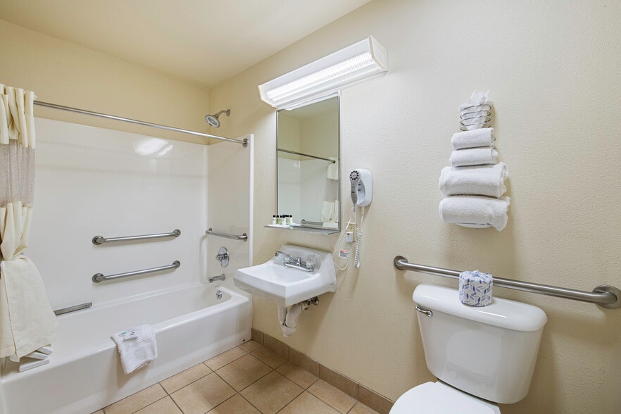 Mobility-accessible bathroom with grab bars and roll-in shower